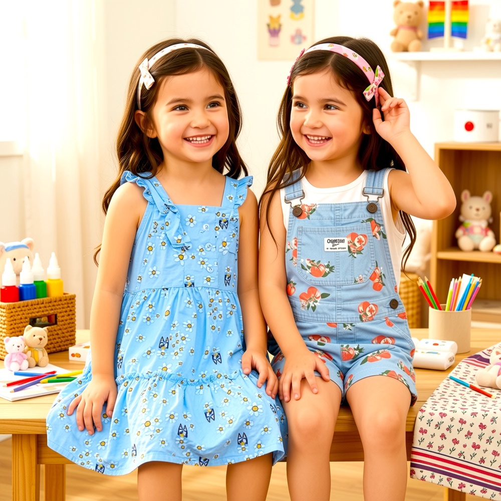 Lot of 2 Toddler Girl 4T Outfits Disney Bluey Floral Dress & Peaches Overalls